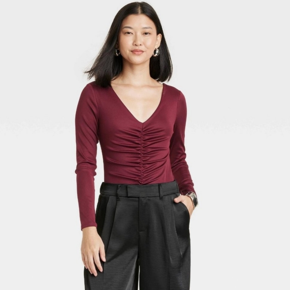 🆕️A New Day Women's Long Sleeve Ruched Slim Fit Bodysuit -Burgundy